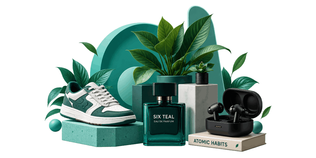 A curated still life of SixTeal products: sneakers, fragrance, earbuds, and a book
