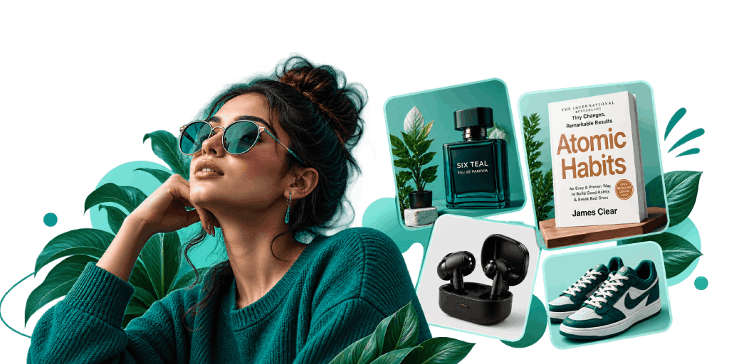 A portrait next to callouts of trending SixTeal products: fragrance, a book, earbuds, and sneakers
