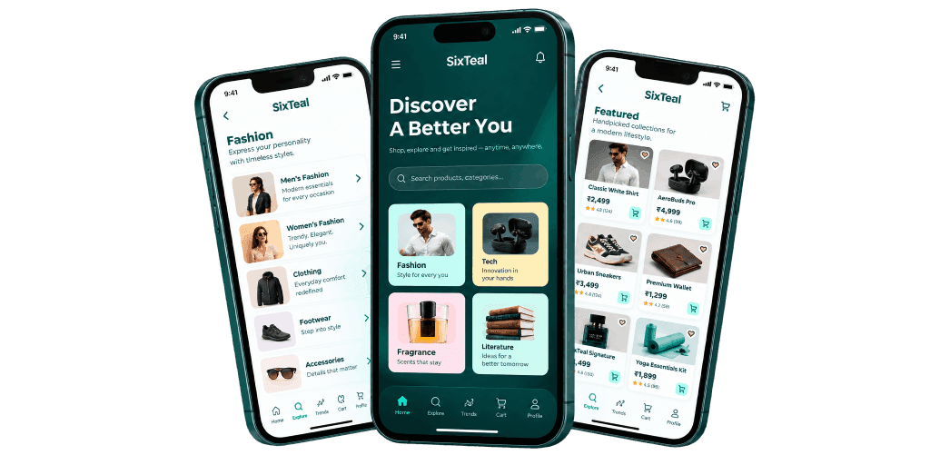 The SixTeal app shown on three phones: category browsing, the home feed, and featured products